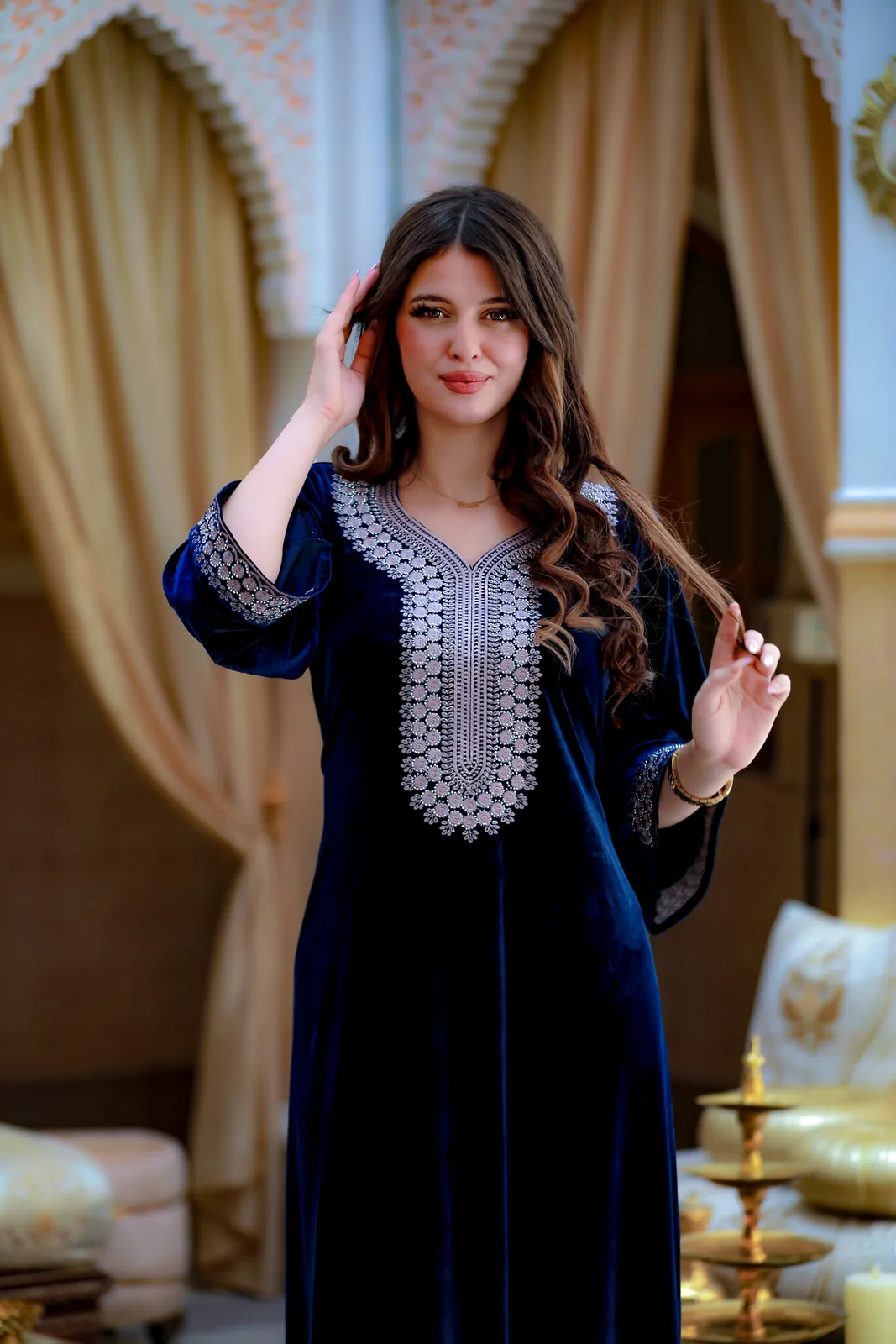 قندورة قطيفة Bleu Marine -مقاسات كبيرة -كود 21