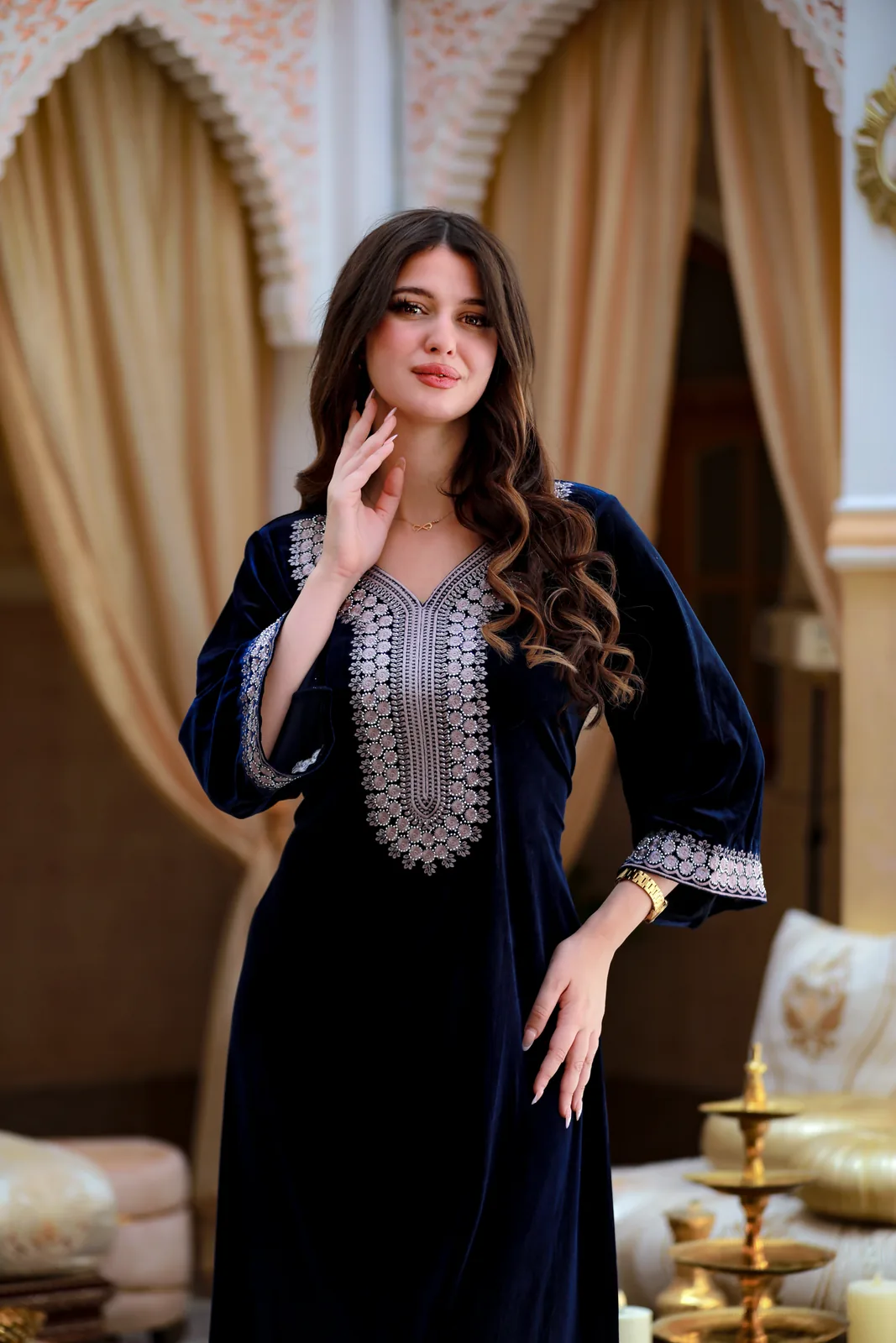 قندورة قطيفة Bleu Marine -مقاسات كبيرة -كود 21
